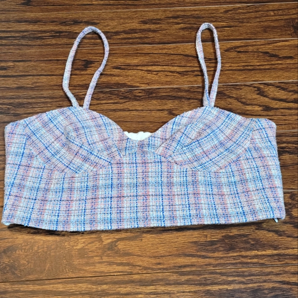 ZARA NEW Pink Blue Tweed 72% Cotton Cropped Heartshaped Neckline Spaghetti Strap - Picture 8 of 16